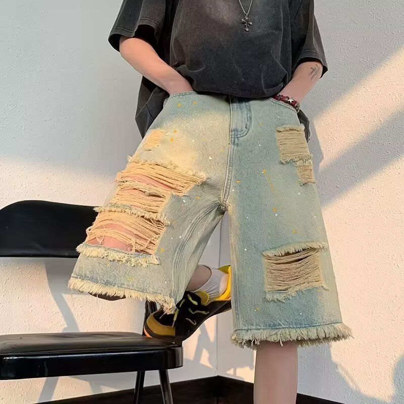 Ripped denim shorts men in summer, thin design for beggars, five point pants, trendy brand American high street yellow mud colored horse pants