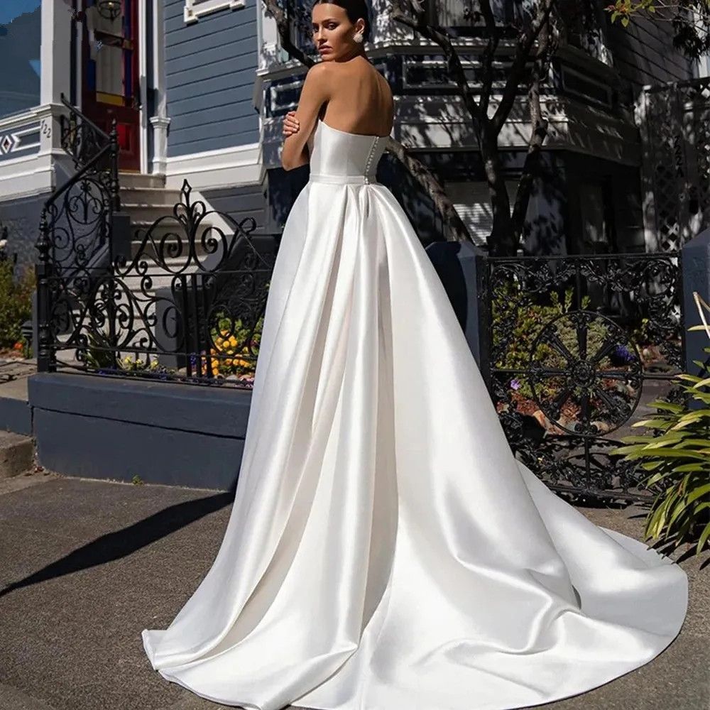 White Modern Simple Satin A Line Wedding Dresses For Bride Sweetheart Neck Empire Waist Fashion Bridal Gowns Sexy High Split Plus Size Reception Party
