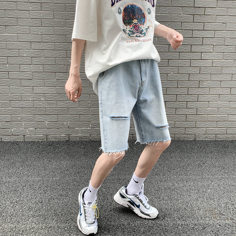Broken hole shorts for men, loose and five quarter brand denim mid horse pants, trendy summer thin design