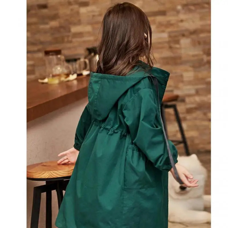 Teenage Girl Long Trench Coat For Kids Solid Hooded Fashion Windbreaker Young Children Autumn Outerwear Clothing Girls Jacket 15 240711