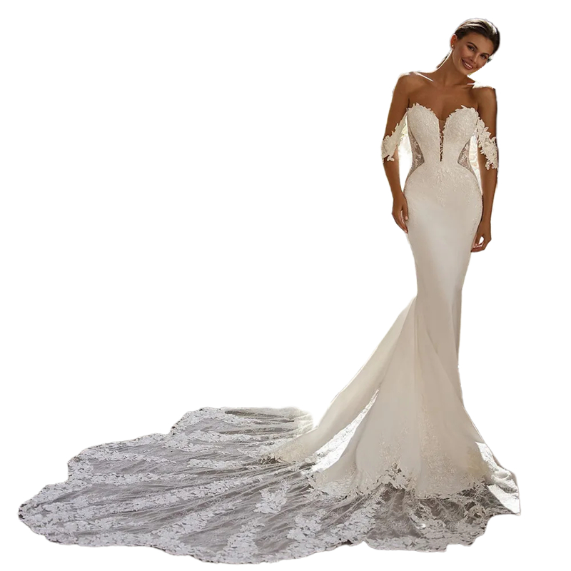 Lace Chapel Train Mermaid Wedding Dresses Off Shoulder Illusion Waist Side Sweetheart Sleeveless Boho Bridal Dress Ivory Elegant Beach Wedding Gown