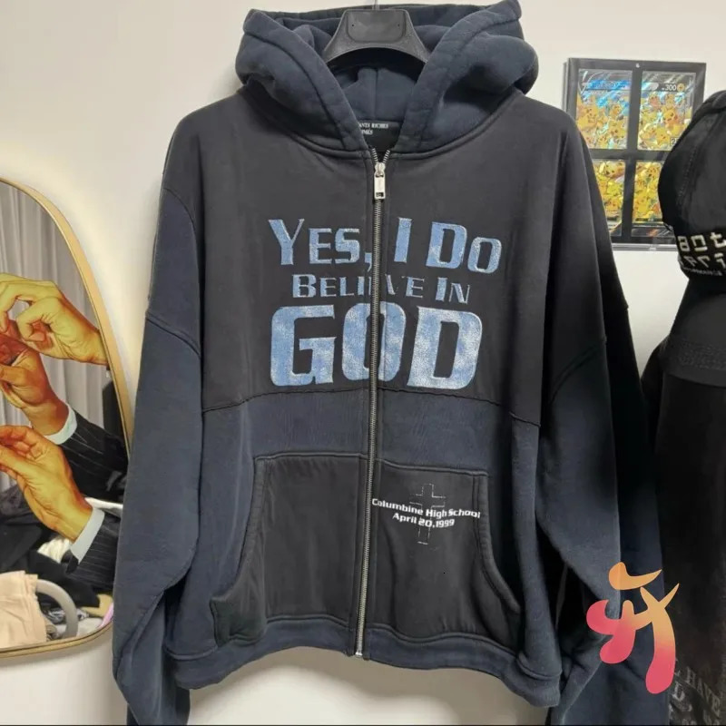 24ss Winter Vintage Street ERD Jackets I Believe in God Washable Letter Patchwork Zippered Hoodie Men Women Hoodys 240715