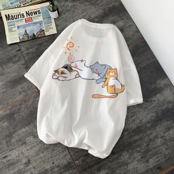 Free Shipping Fashion Anime Style Men's Oversized Loose Short-sleeved Cartoon 4 Kittens Printed T-shirt Couple Top