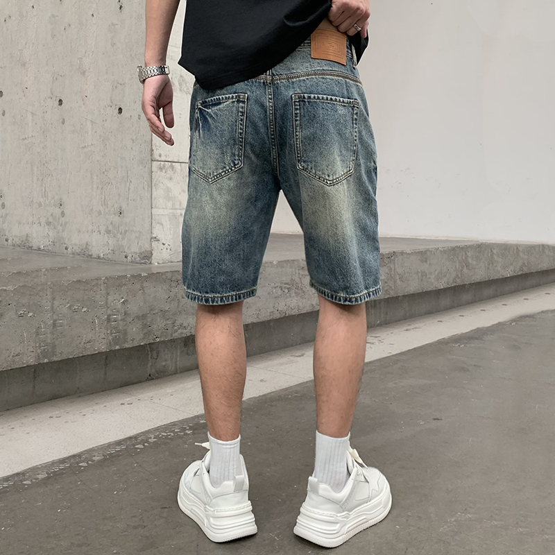 2024Trendy brand denim shorts with embroidered patches and patches, men's summer new style, personalized straight leg plus size five quarter pant