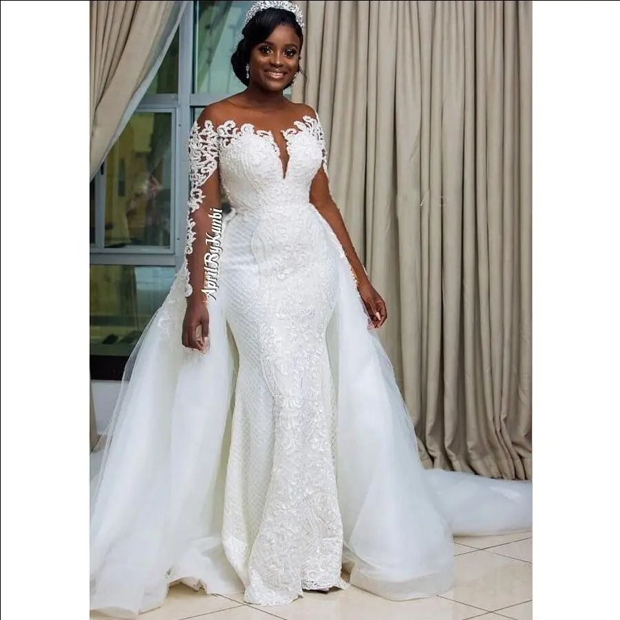 South African Mermaid Wedding Dresses Detachable Overskirt Sheer Neck Illusion Scoop Long Sleeves Bridal Gowns Custom made