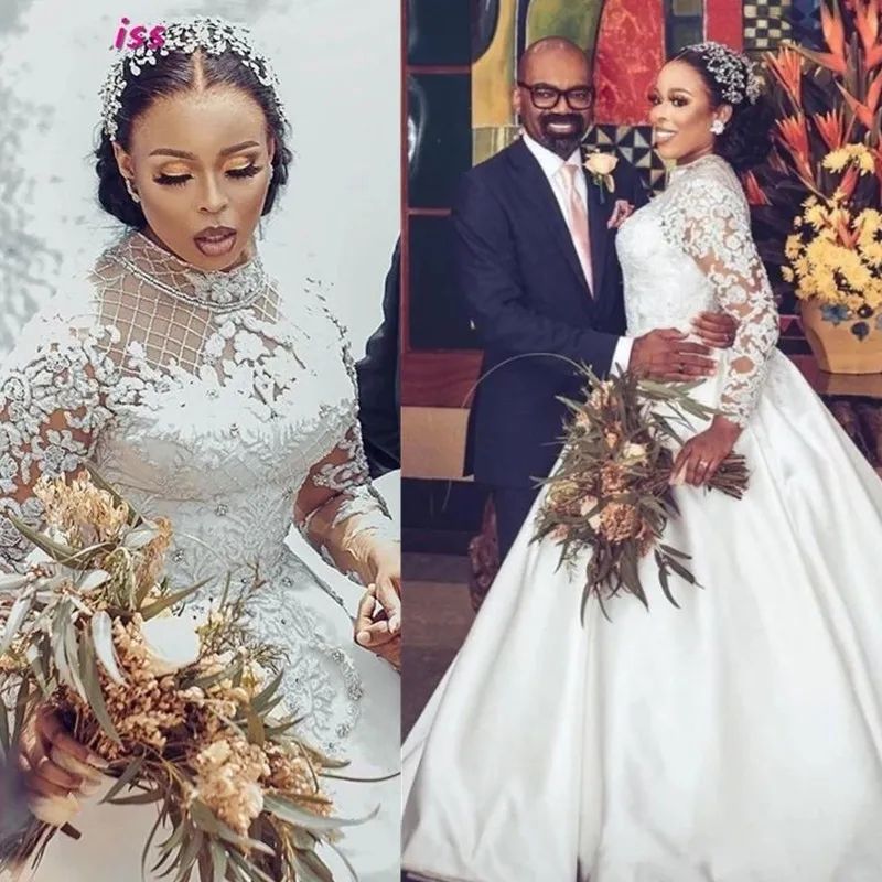 Plus Size Crystal Satin Wedding Dresses Full Sleeves Vestidos 2024 African Country Garden Bridal Gowns Gorgeous Lace Applique Custom made