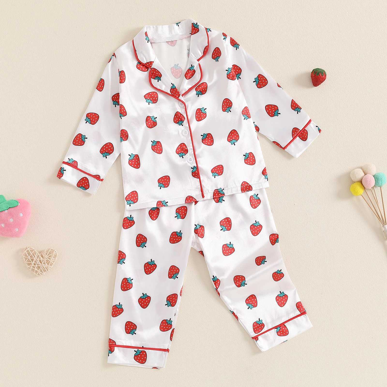 Autumn Childrens and Girls Satin Pajama Set Printed Long Sleeve Button Shirt Elastic Waist Pants W240716