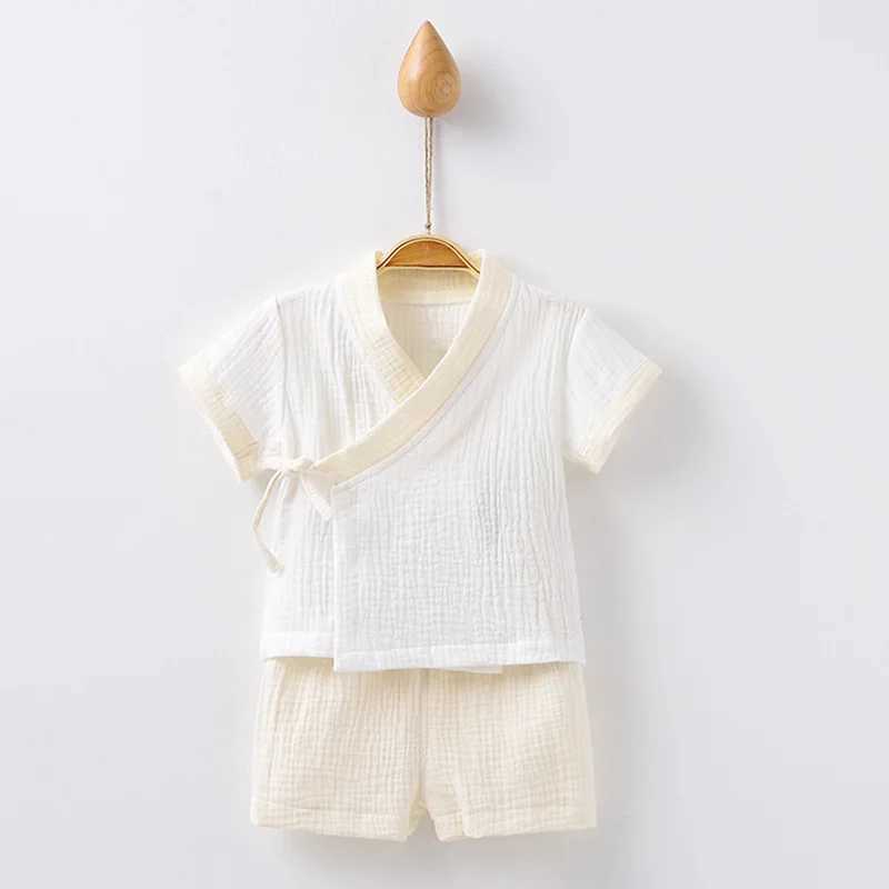 Childrens Hanbok short sleeved set kimono pajamas solid color breathable pajamas Gauze Chinese style childrens retro pajamas LC707W240716