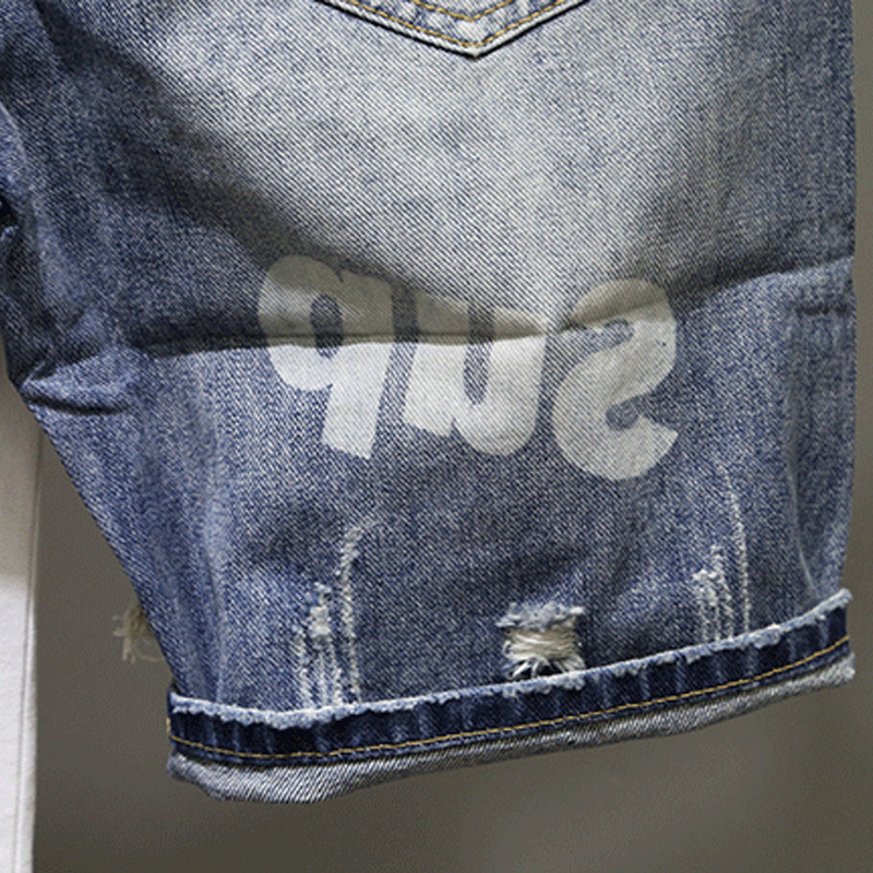 Summer Thin Print Ripped Denim Shorts Men's Loose Straight-leg Fifth K-style Trendy Japanese Style Pants