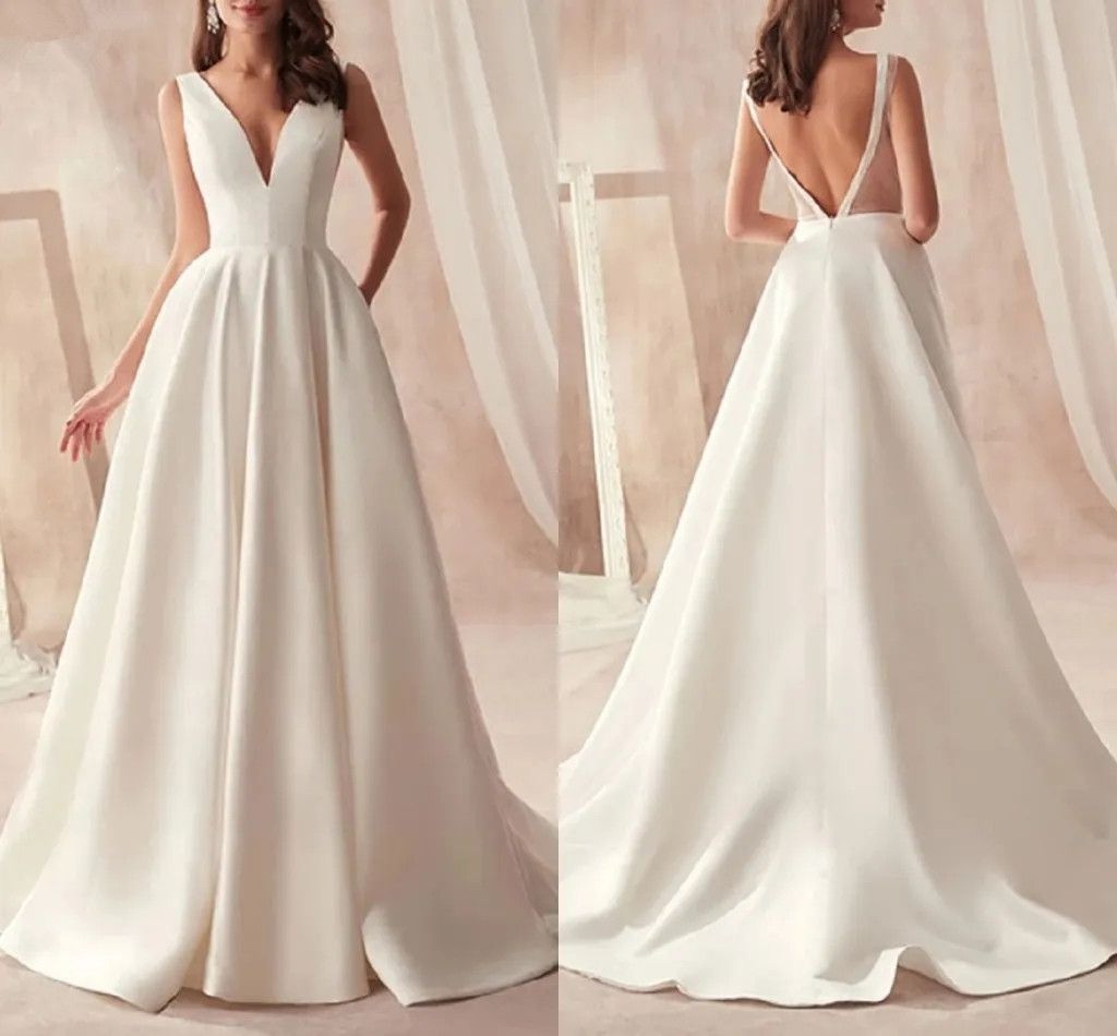 Elegant Ivory Satin A Line Wedding Dresses Deep V Neck Sexy Sleeveless Boho Garden Bridal Gowns Open Back Sweep Train Reeption Dress For Bride Simple 