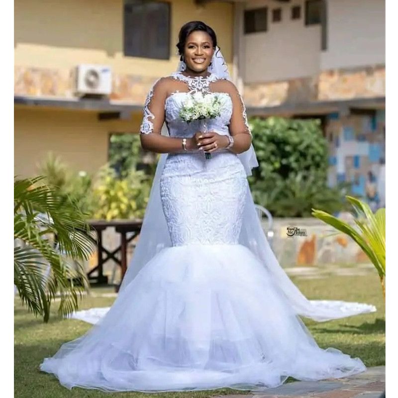 Arabic Aso Ebi Plus Size Bridal Gowns Lace Crystals Long Sleeves Wedding Dress Sheer Neck Pearls Beaded Tiers Bridal Dress Custom made