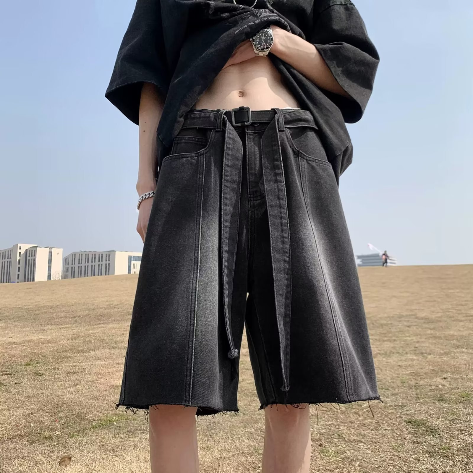 Denim shorts fringed summer trend American washed distressed straight leg loose casual men's five quarter pants