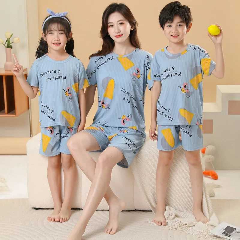 Boys and girls sleepwear new summer short sleeved childrens clothing sleepwear silk cotton sleepwear set for children 2 4 6 8 12 16 years oldW240716