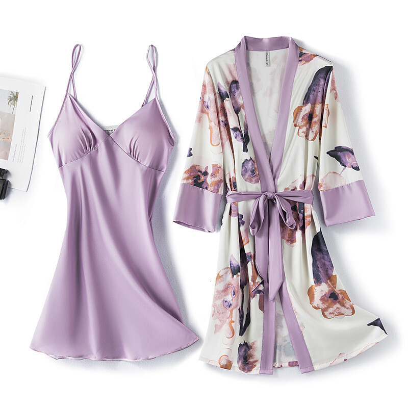 Ice Silk Pamas,Women's Summer Thin Sexy With Chest Pad Robe Set