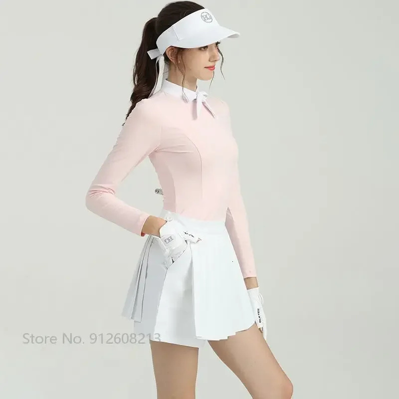 Blktee Women Elastic Quick Dry Golf Shirt Ladies Bow Tie Long Sleeve T-shirt Ladies Slim Zipper Collar Golf Tops Casual Clothing 240715