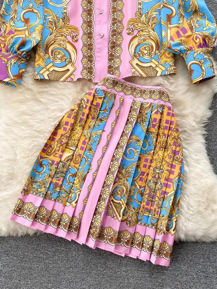 Summer Elegant Skirts Suit Womens Puff Sleeve Beading Lapel White Shirt TopFlower Print Mesh Ball Gown Belt 2 Piece Set 240712