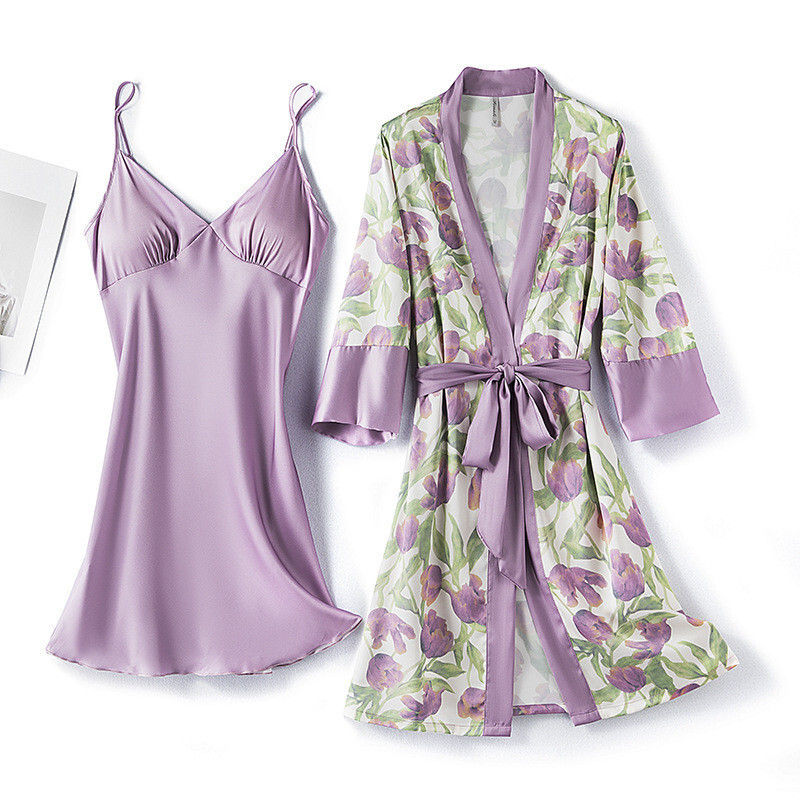 Ice Silk Pamas,Women's Summer Thin Sexy With Chest Pad Robe Set