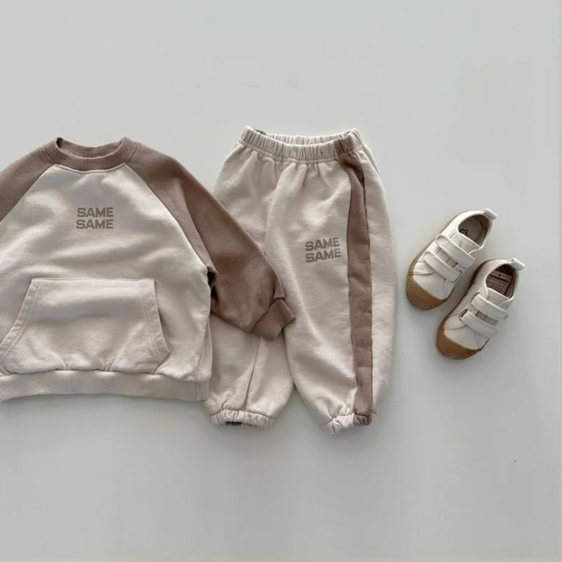 Spring Baby Cotton Sweatshirt Set Infant Boy Girl Letter Casual Tops Pants 2pcs Suit Kids Patchwork Warm Autumn Outfits 240713