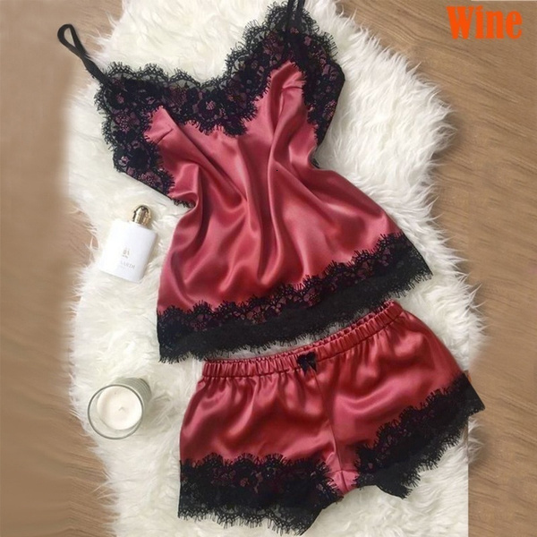 Ready Stock Women's Pama Cami Silky Lace Nightwear 2 Piece Set Lingerie Short Sleepwear
