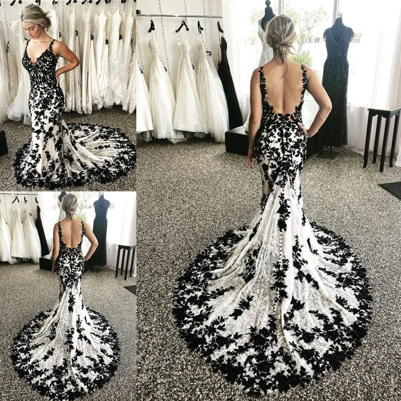 Black White Mermaid Country Wedding Dresses Full Lace Applique Gothic Backless Garden Outdoor Bridal Gown vestido robes Custom made