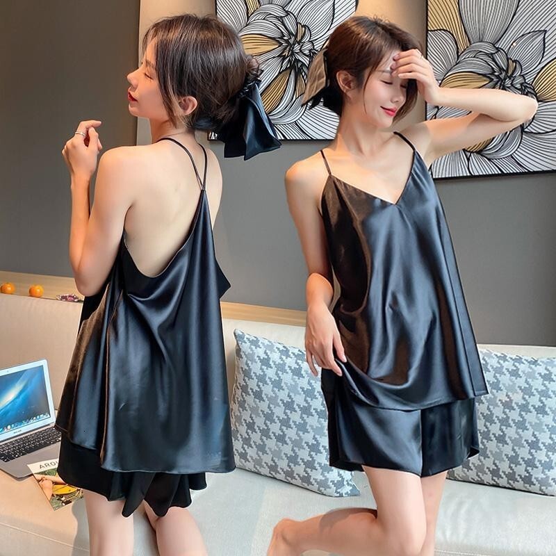 Ice Silk Sling Pamas Women Plus Size 1.0-150kg Fat mm Summer Thin Sexy Halter Loungewear Two-Piece Suit