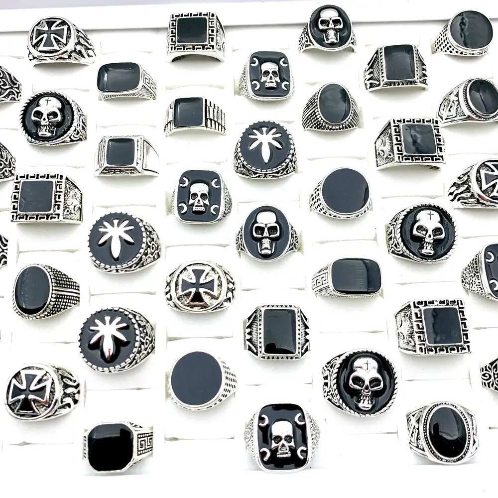 50 mens rings black enamel silver plated skull cross punk style fashionable jewelry wholesale 240710