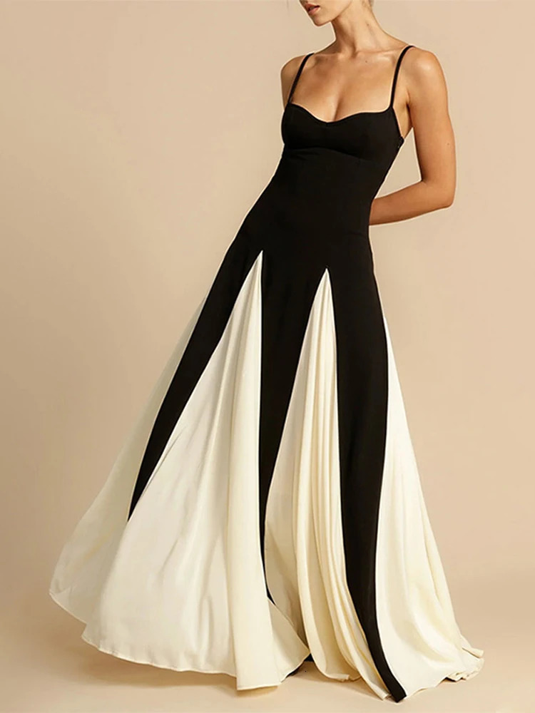 Black White Patchwork Strap Midi Dress Women Sexy Sleeveless Female Sling Elegant Party Dresses 2024 Club Vestidos Fashion 240715