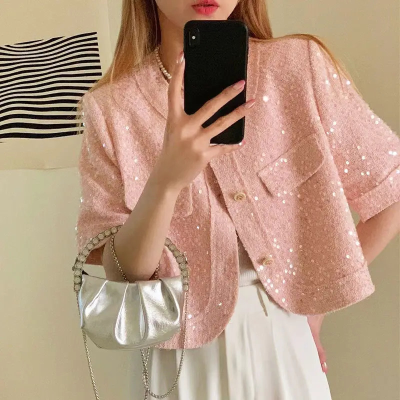Summer High Quality Korean Tweed Paillette Short Sleeve Jacket Coat Women Korean Fashion Sequin Short Outerwear Top 240712