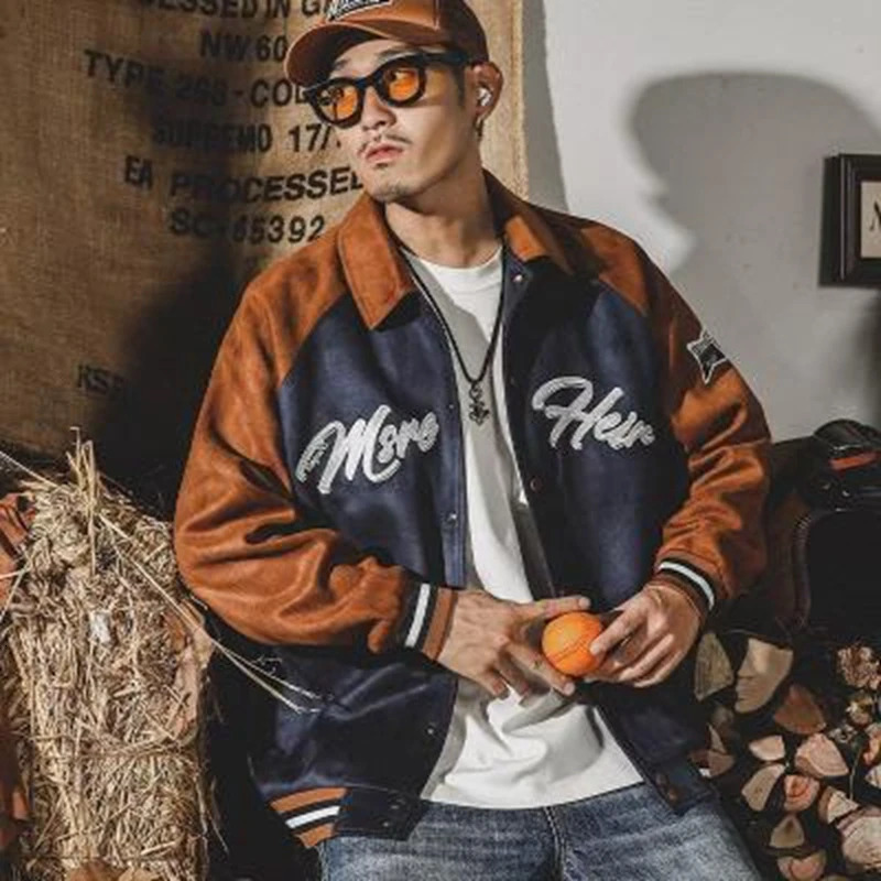 American Baseball Uniform Jacket Hip Hop Coat Deerskin Velvet Jacket Mens Patchwork High Street Loose y2k Casual Sports top 240717