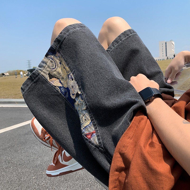 Little Bear Splicing Cowboy Shorts for Men in Summer, Thin, Loose, Large, Casual, American Trendy Brand, 5/10 Mid Pants