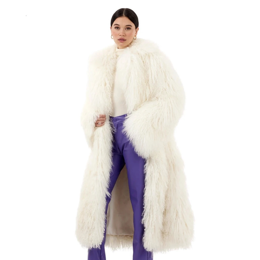 Womens Lambskin Coats Real Lamb Fur Coat Black Mongolian Fur Warm Winter Real Sheep Fur Long Coat 240716