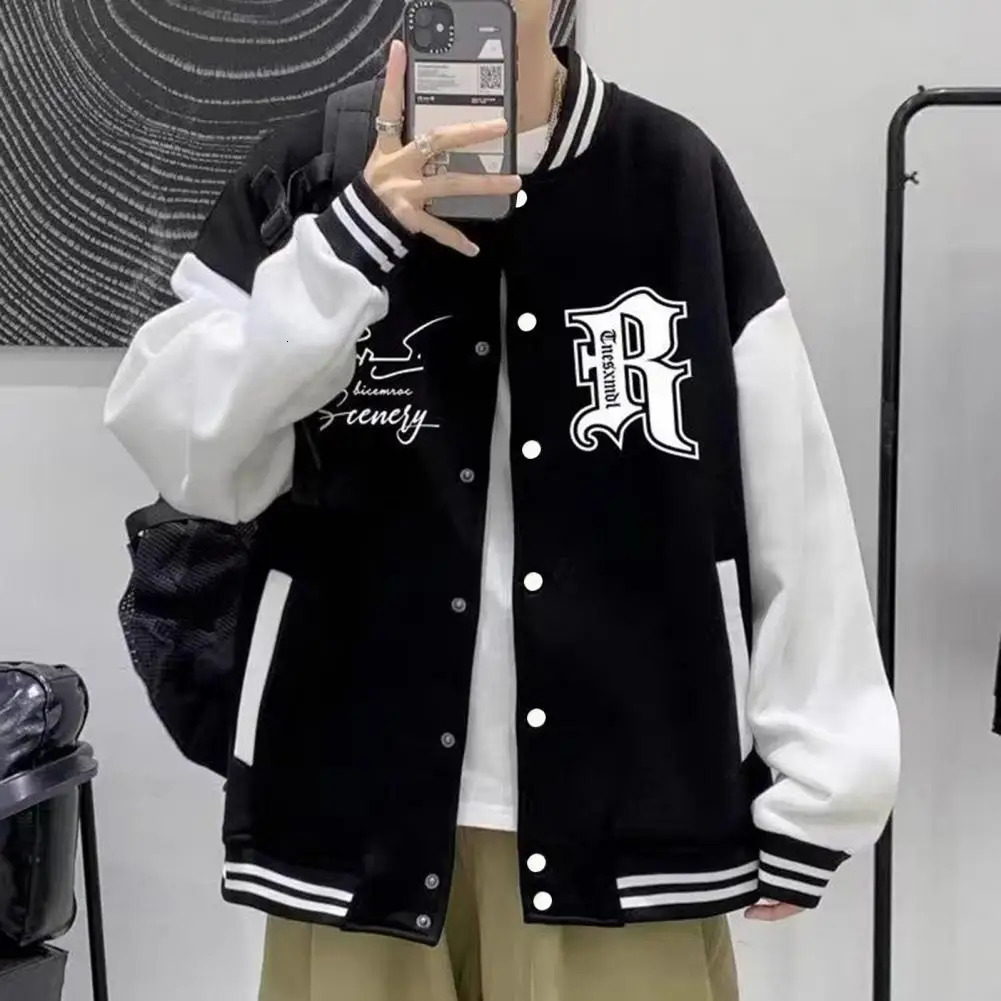 Fall Winter Men Baseball Coat Letter Print Stand Collar Loose High Street Style Jacket Elastic Striped Cuff Fashion 240712