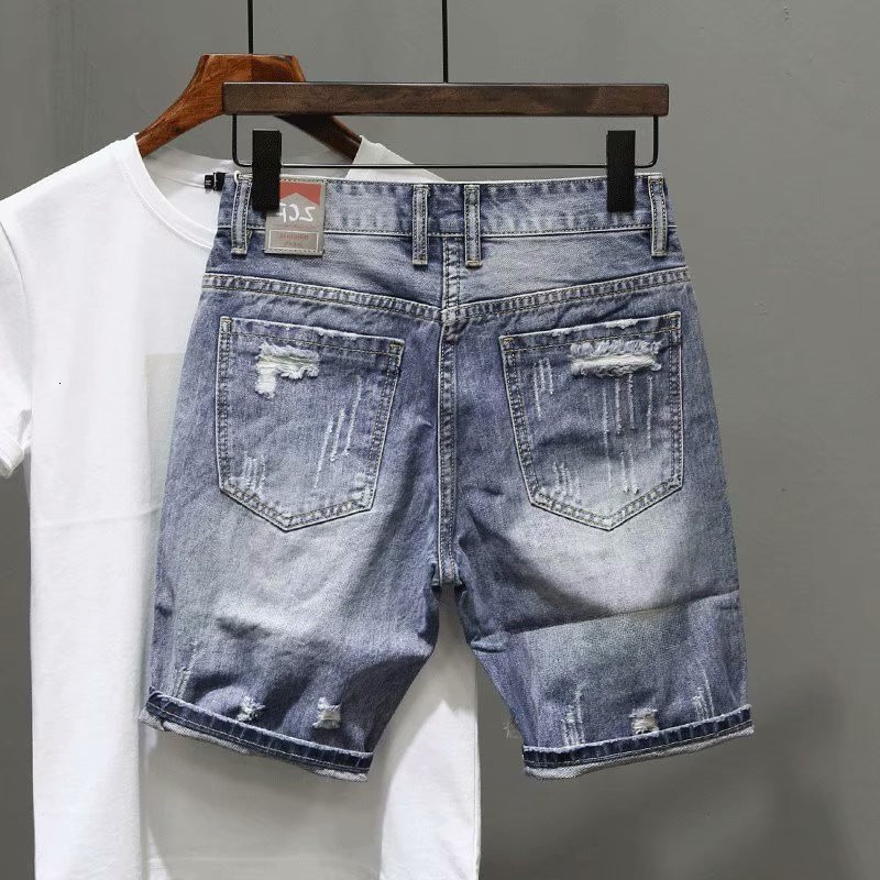 Summer Thin Print Ripped Denim Shorts Men's Loose Straight-leg Fifth K-style Trendy Japanese Style Pants