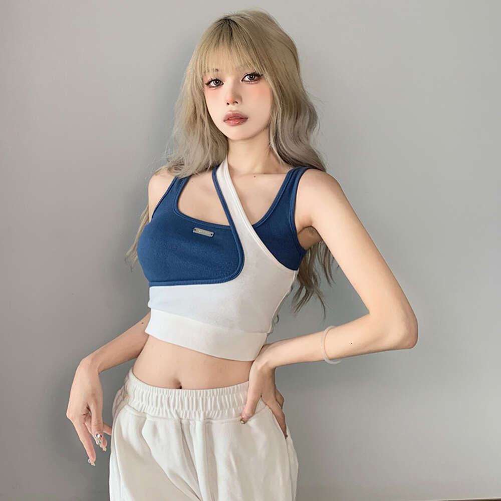 Spicy vest girl group style jazz slim fit short cut crop top with exposed navel dance top, color blocking fake, two irregular outfits for wearing outs