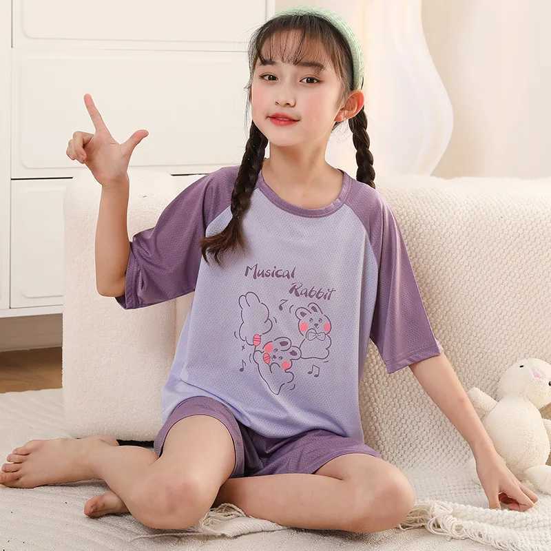 Baby sleepwear summer short sleeved childrens clothing sleepwear youth sleepwear silk cotton sleepwear set 6 8 10 12 years oldW240716