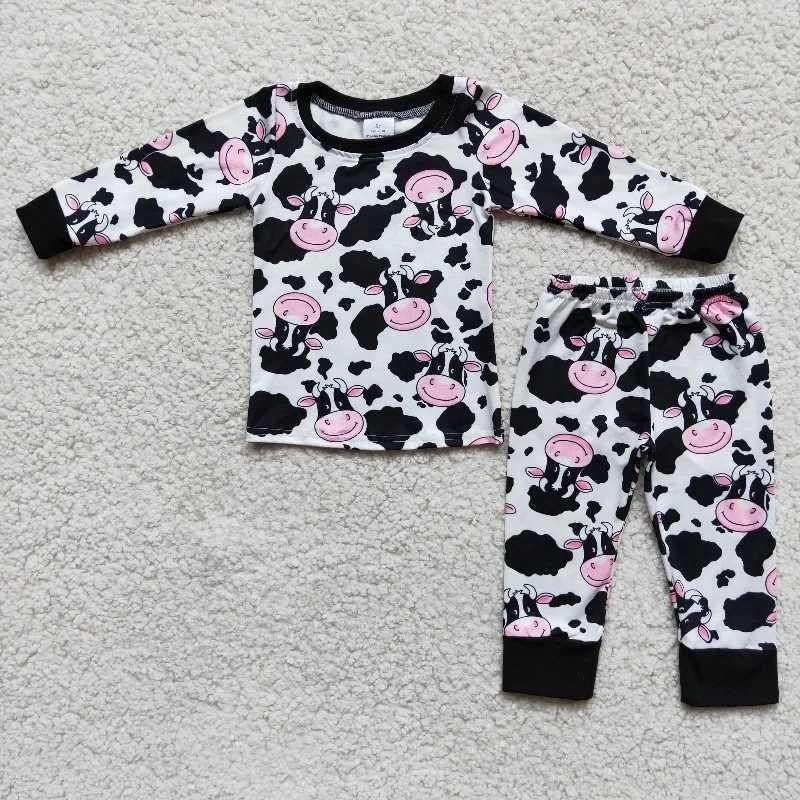 Wholesale childrens winter baby clothing sleepwear set childrens black long sleeved pink denim shirt pants fashion set sleepwearW240716