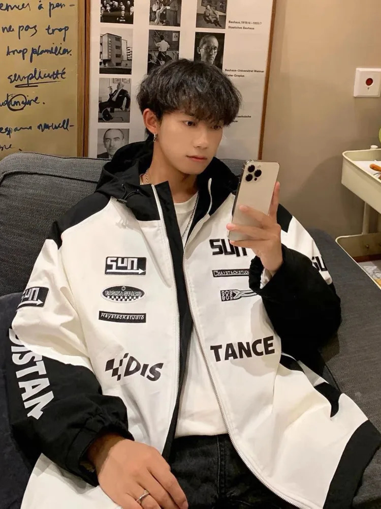 Men High Street Autumn Loose Letter Embroidery Baseball Bomber Outerwear Casual Coat Unisex Y2k Racer Hooded Jackets 240717