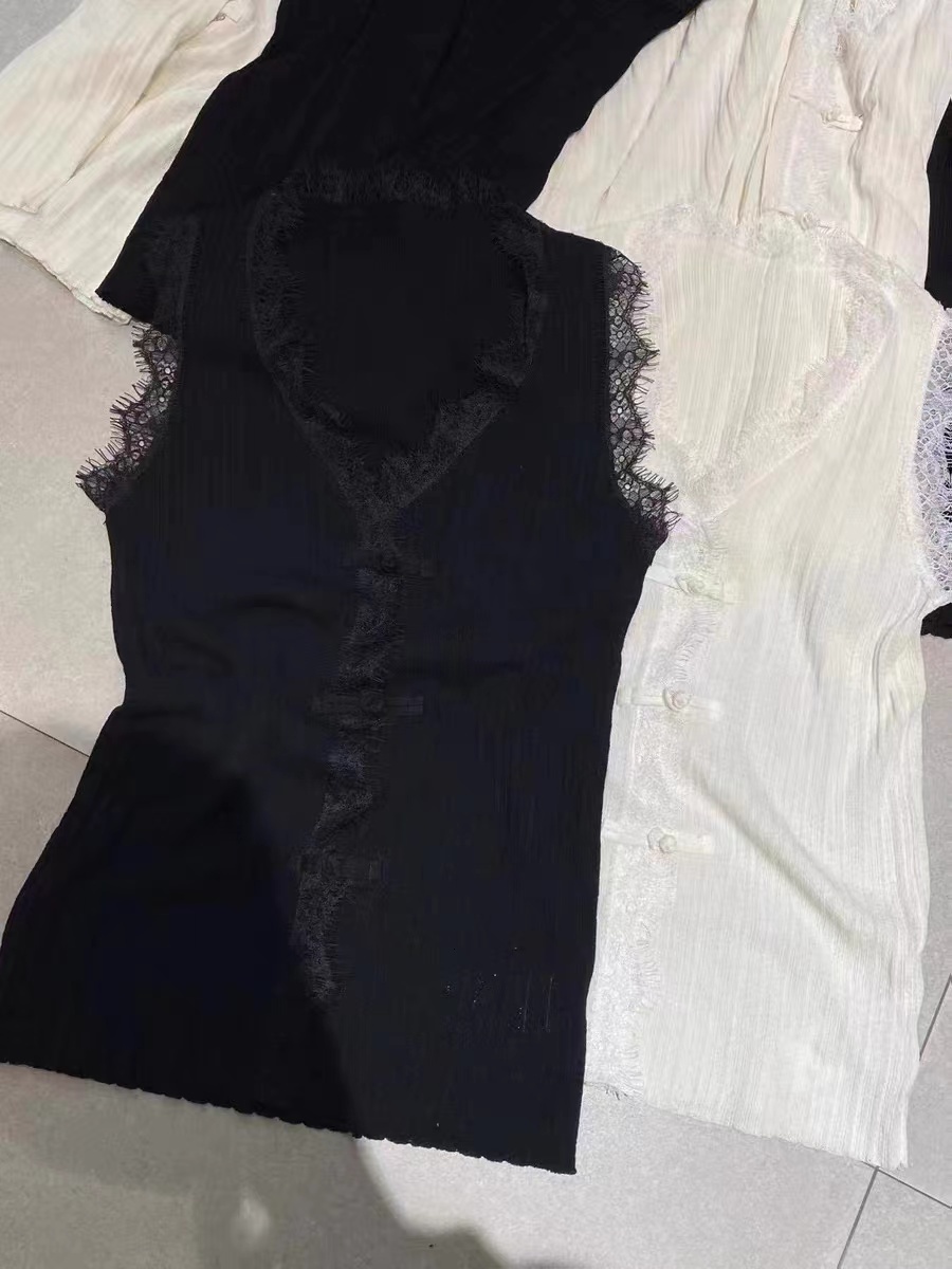 Strap vest sleeveless top trendy lace for women, sexy black, Chinese style button knit