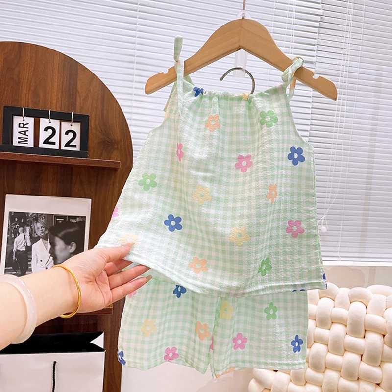 Childrens Home Clothing Baby Pajama Set Cute Flower Pattern Childrens Pajamas Childrens Summer Sleeveless Baby PajamasW240716