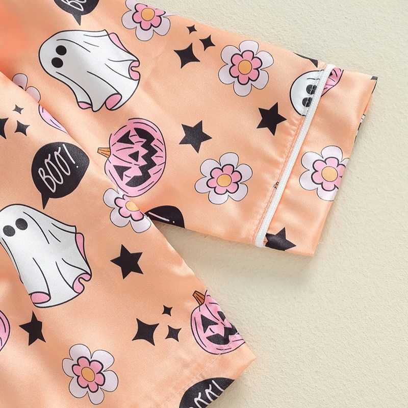 Visgogo Preschool Girls Halloween Pajama Set Long Sleeve Collar Ghost Pumpkin Printed Shirt Elastic Waist Pants Satin W240716