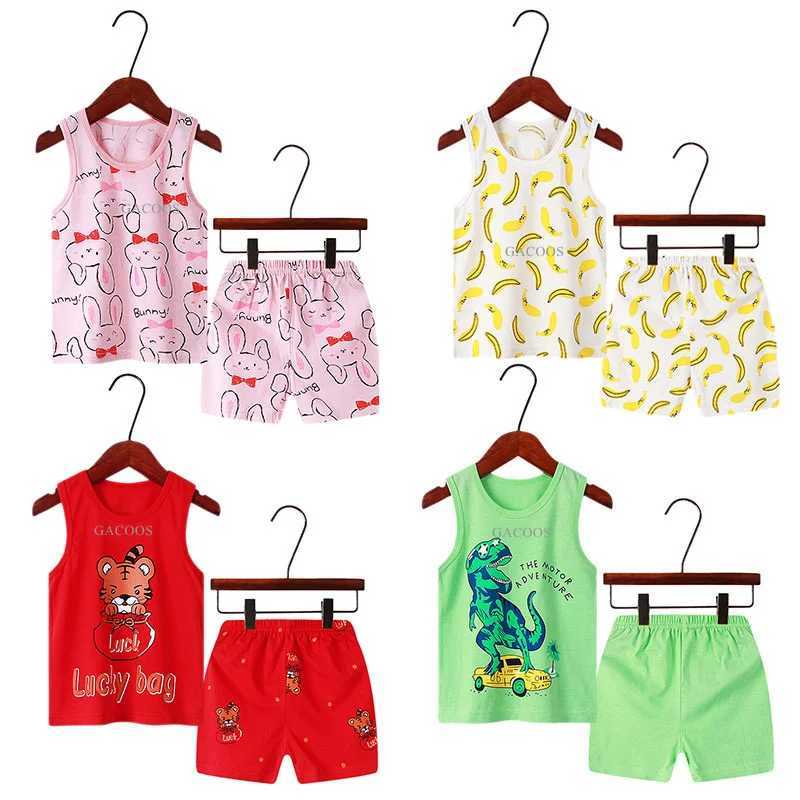 Childrens pajamas summer clothing set boys and girls vest top+shorts pajamas cartoon lion cotton childrens pajamasW240716