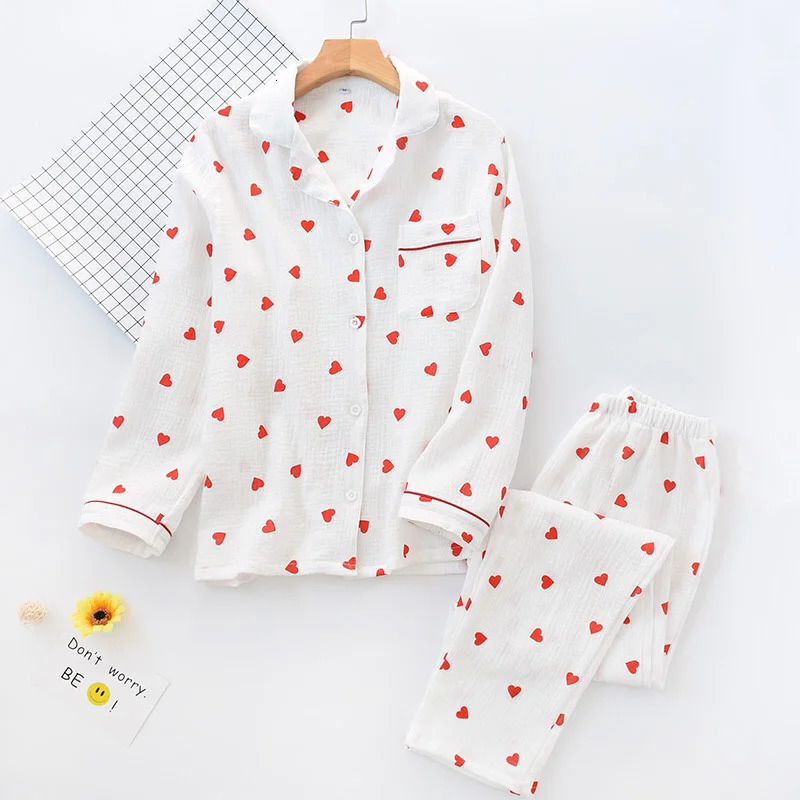 Spring Ladies Pajamas Set Heart Printed Crepe Cotton Doublelayer Gauze Turndown Collar Longsleeve Trousers Household Wear 240712