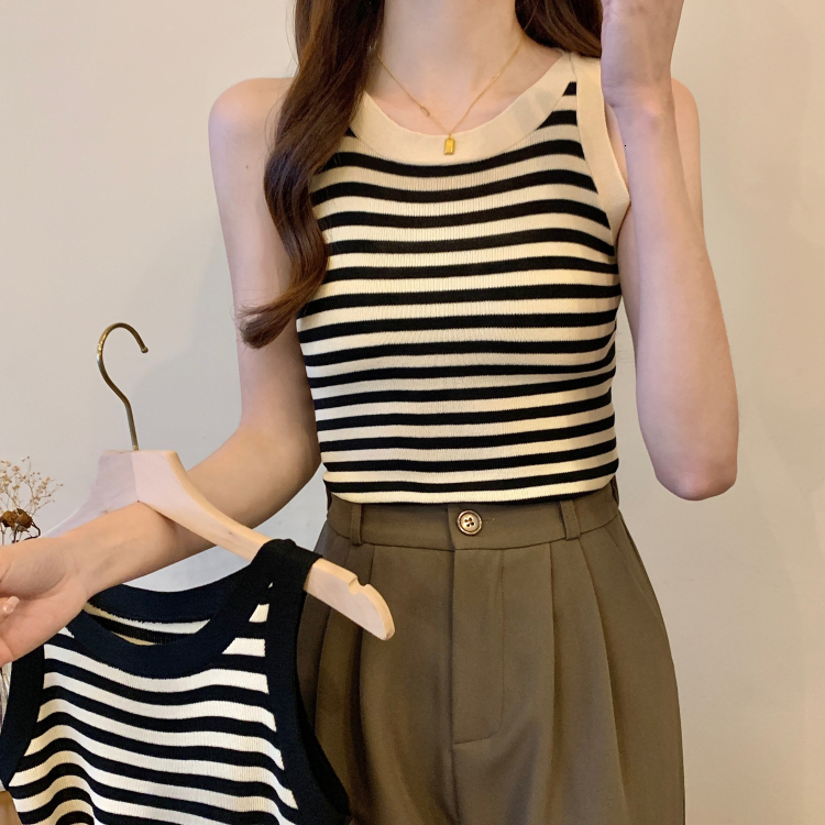 Black white striped knitted camisole small vest for women's 2024 new style outerwear and inner layering bottom shirt, spring sleeveless top