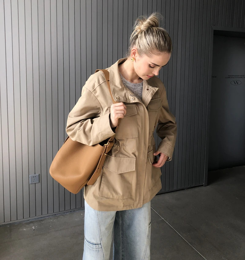 Women Fall Autumn Cotton Trench Jacket and Coat Casual Outerwear 240712