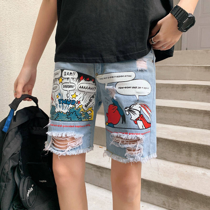 MARK BELT Summer hole Printed denim shorts Hip-hop slim Ripped jeans