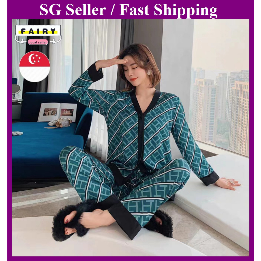 (SG Seller) Lady Faux Silk Polyester Set Sexy Homewear Women's Casual Loungewear V-neck Long Sleeve Pamas Suit