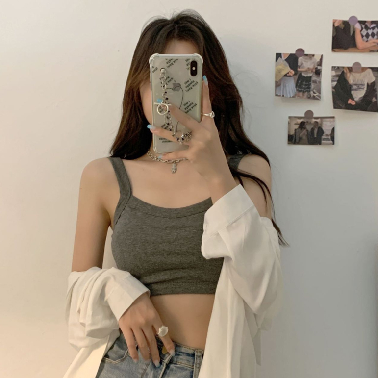 Summer New Cotton Back Women's Small Strap Tank with Chest Cushion Short Outfit Bottom Top
