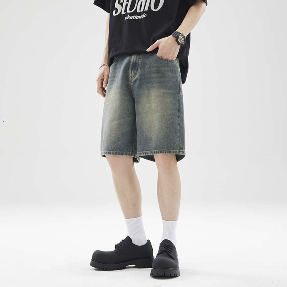 2024 Summer American washed vintage denim shorts for men and women, straight leg loose clean fit five quarter pants trend