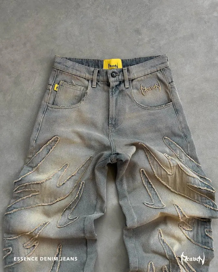 Streetwear Jeans Y2K Pants Punk Rock Hip Hop Embroidered Retro Baggy Mens High Waisted Wide Leg Trousers Clothes 240719