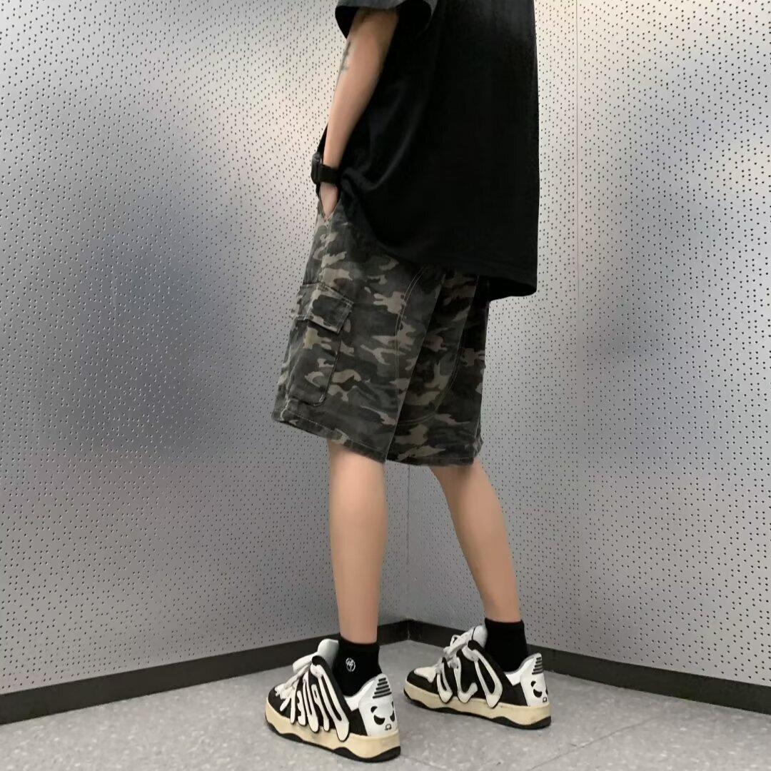 Camouflage workwear, denim shorts, men's summer trendy brand, large size, loose and versatile, American high street hooligan handsome five quarte